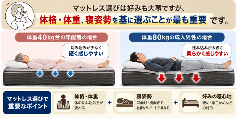 マットレスは体格・寝姿勢に合わせて選ぶことが重要ということを7解説した図解