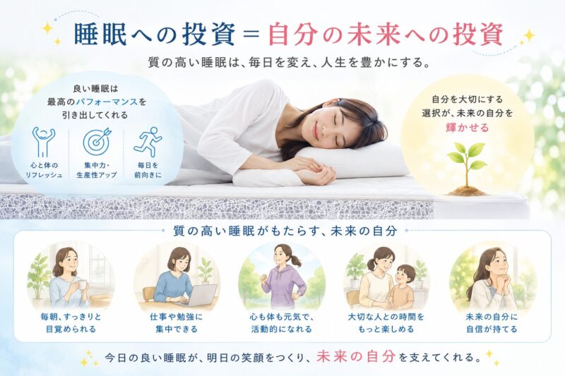 寝具にお金をかけることは人生への投資で価値があることを伝える図解
