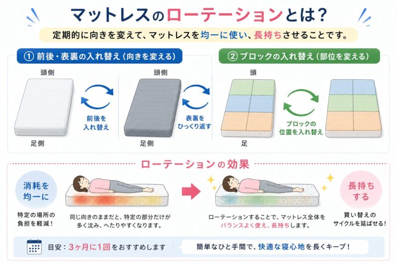 マットレスを長持ちさせるためのローテーションについての図解