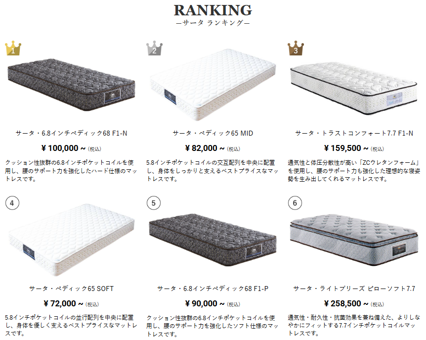 サータの小売店限定マットレスの一覧画像