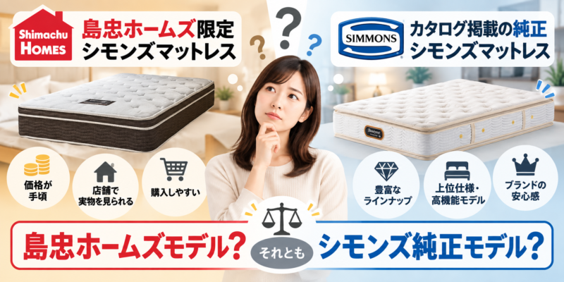 島忠限定シモンズとカタログ掲載の純正シモンズマットレスの特徴を比較した図解
