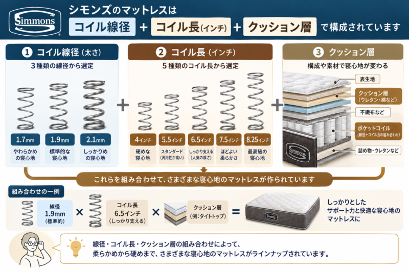 シモンズのポケットコイルを構成する3つの要素を解説した図解