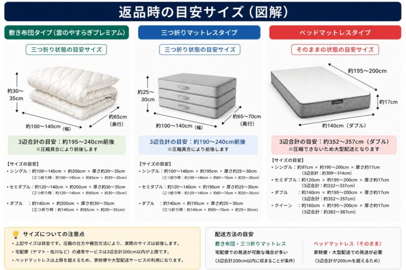 敷き布団、三つ折りマットレス、ベッドマットレスの梱包サイズの目安を記した図解
