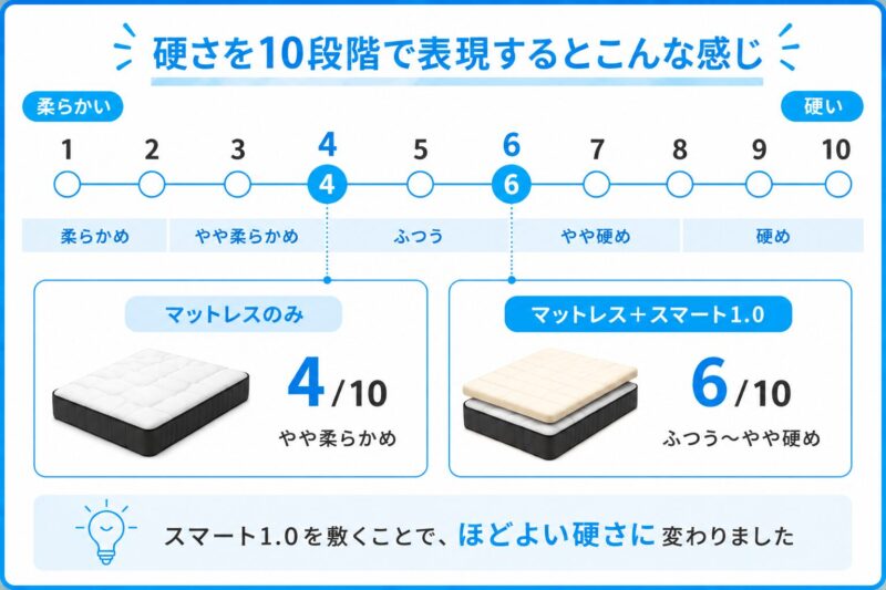 スマート1.0を敷くことで感じる硬さの変化を示した図解