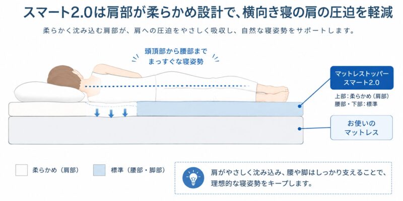 肩部が柔らかく設計されたスマート2.0の特徴を解説した図解