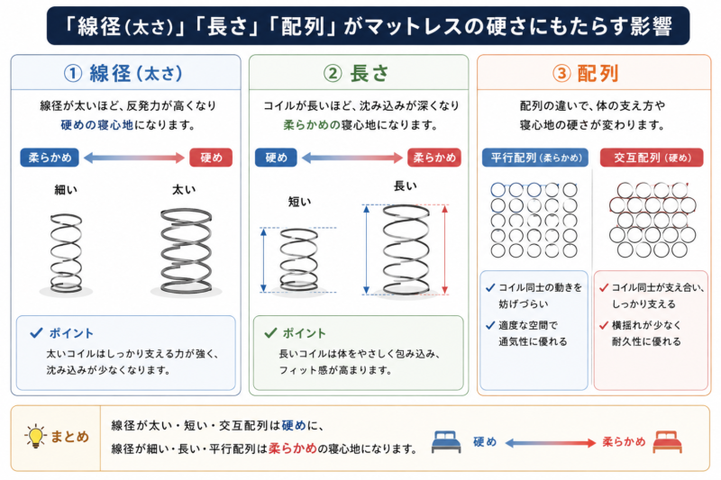 「線径(太さ)」「長さ」「配列」 がマットレスの硬さにもたらす影響を表した図解