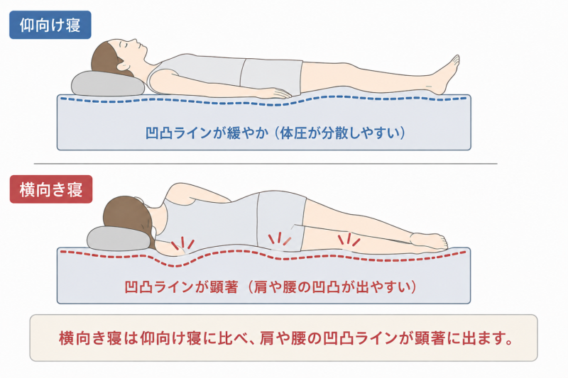 仰向け寝と横向き寝の体のラインを横から見た図解