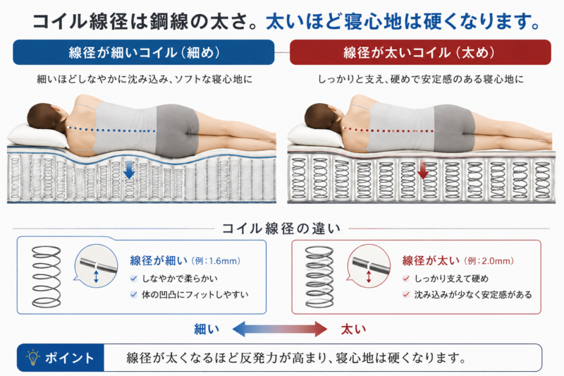 コイルの線径の違いによる硬さの違いを解説した図解