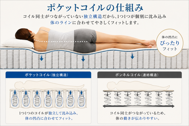 ポケットコイルの特徴を解説した図解