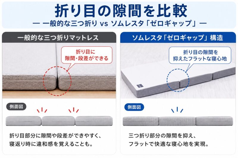 一般的な折りたたみマットレスとゼロギャップを比較した図解