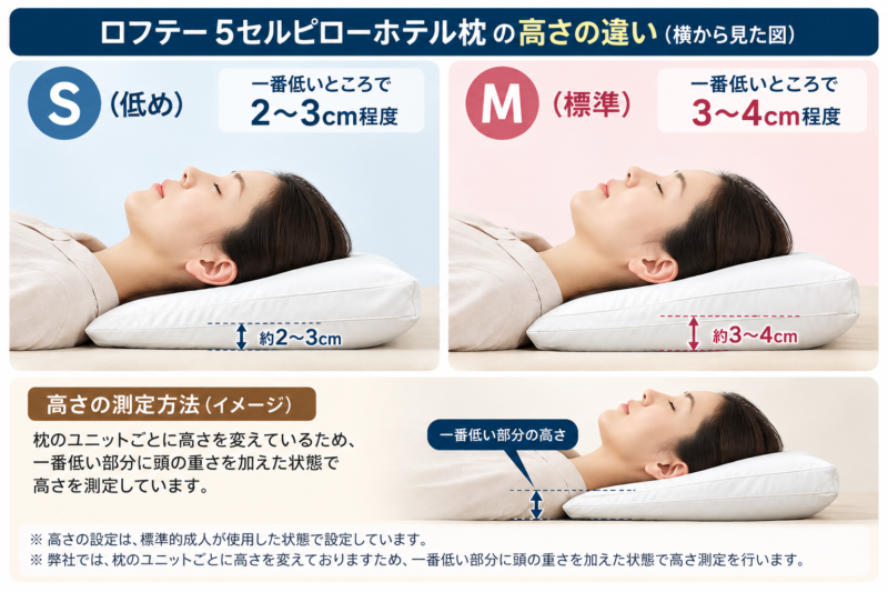 ロフテー5セルピローホテル枕のSとMの高さの違いを比較した図解